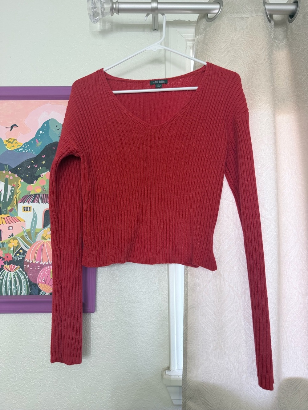 Red Ribbed V-Neck Long Sleeve Top